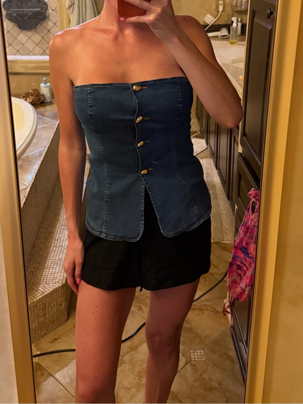 Lumiere Blue Denim Strapless Corset Top with Gold Buttons